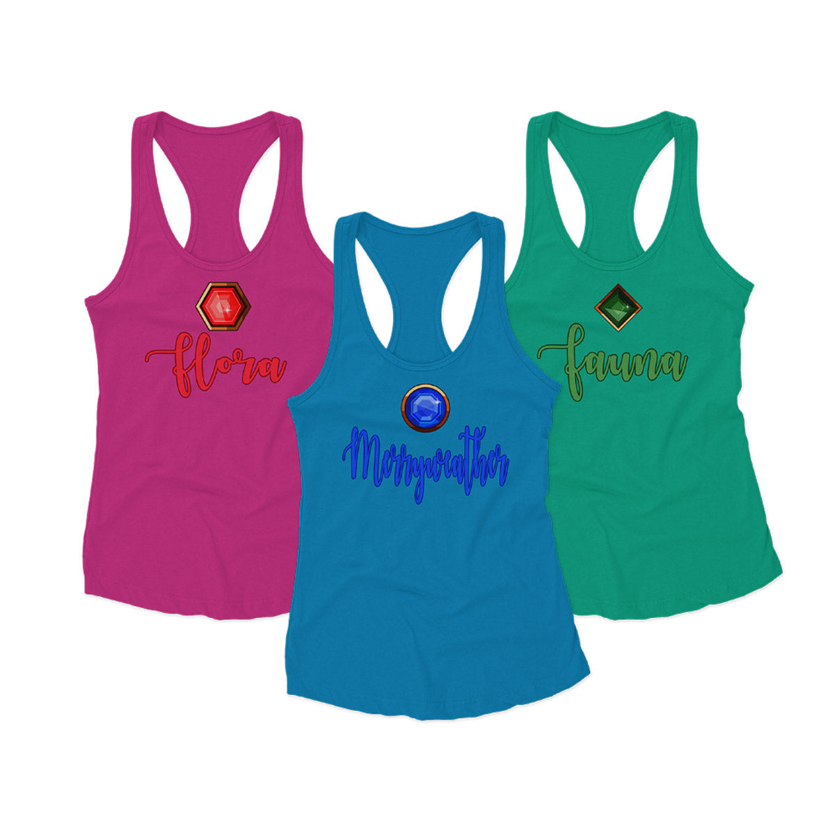 Flora, Fauna And Merryweather Women’s Racerback Tank, Sleeping Beauty Costume Inspired Soft Cotton Top