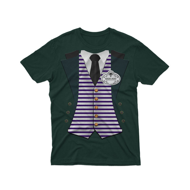 A dark green short-sleeve t-shirt featuring a graphic print of a formal suit vest with purple and white horizontal stripes, gold buttons, a black tie, and a lapel pin 