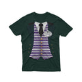 A dark green short-sleeve t-shirt featuring a graphic print of a formal suit vest with purple and white horizontal stripes, gold buttons, a black tie, and a lapel pin 