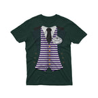 A dark green short-sleeve t-shirt featuring a graphic print of a formal suit vest with purple and white horizontal stripes, gold buttons, a black tie, and a lapel pin 
