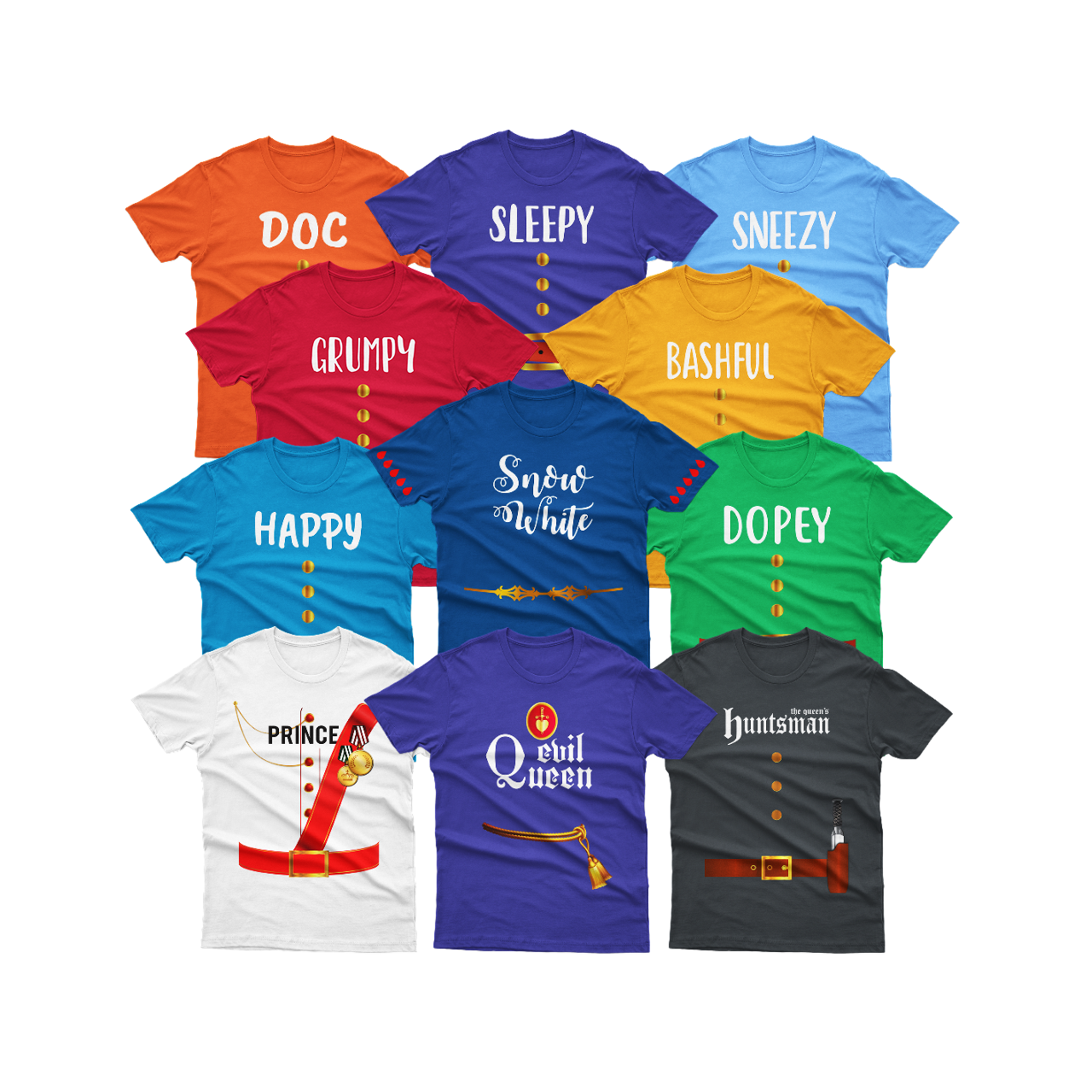 Seven Dwarf Miners, Princess, Prince, Huntsman & Evil Queen Graphic Tee, Costume Inspired Soft Cotton T-Shirt for Kids & Adults