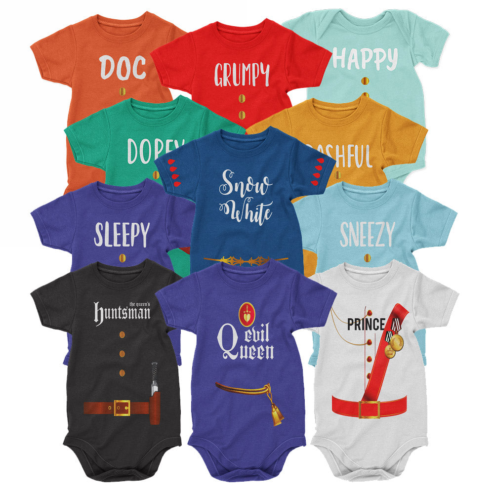 Seven Dwarf Miners, Princess, Prince, Huntsman & Evil Queen Graphic Tee, Costume Inspired Soft Cotton T-Shirt for Kids & Adults